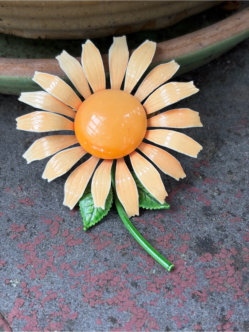 Peach Enamel Flower Brooch with Green Stem